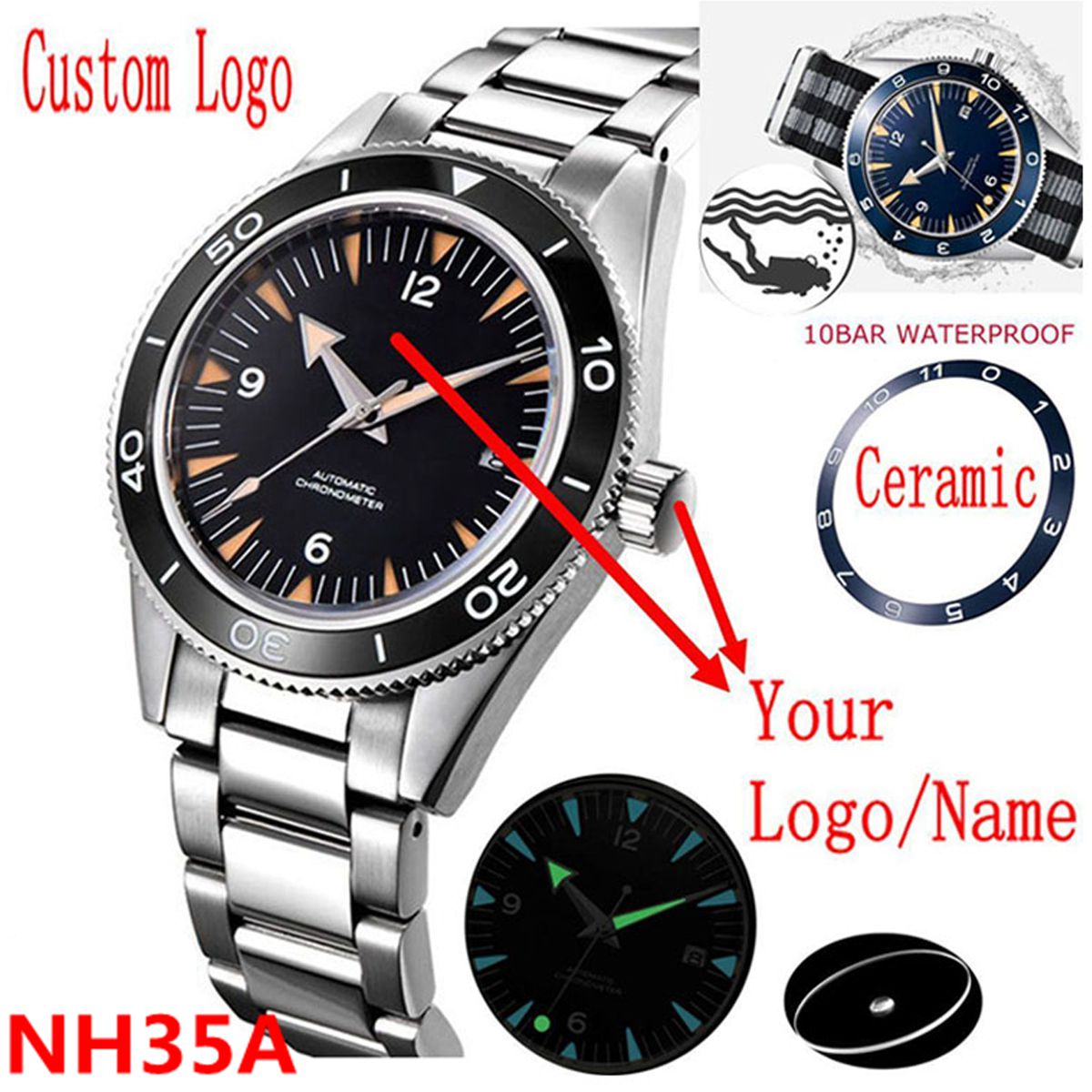 Luxury Watch Logo - カスタムロゴ NH35 ムーブメント腕時計 10bars メンズ 41