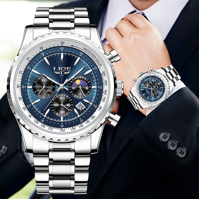 Luxury Watch Name - Lige-メンズラグジュアリークォーツ時計、月のフェーズ、ステンレス、カジュアル、スポーツ、防水、日付、素晴らしい腕時計、ブランド