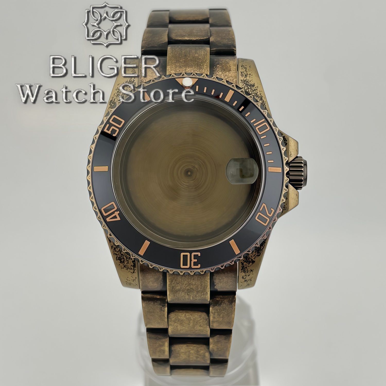 Bronze Case Watch - BLIGER 40MM レトロサファイアガラスダイビングブロンズウォッチケース ストラップ付き NH34 NH35