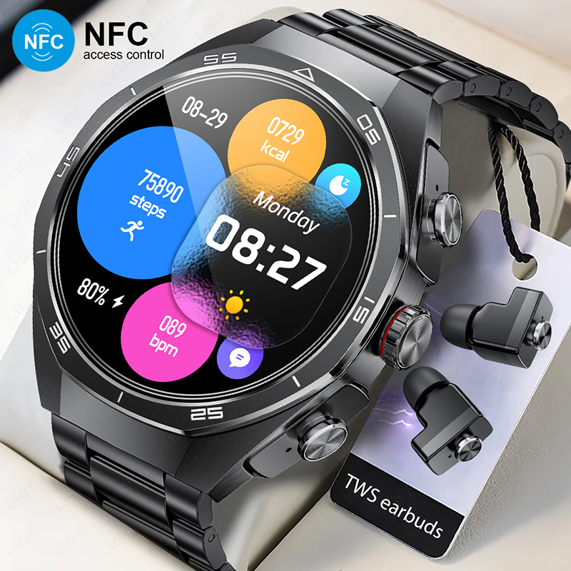 Luxury Watch In The World - TWS 音楽時計イヤホンスマートウォッチ NFC AMOLED BluetoothCall 心拍数血中酸素モニタースマートウォッチヘッドフォン
