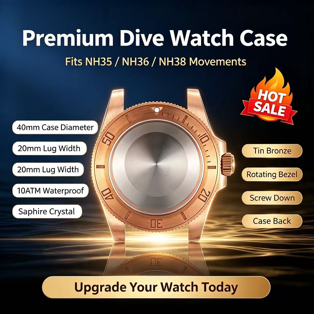 Bronze Case Watch - 40mm錫ブロンズダイバーズウォッチケース サファイアクリスタル 10ATM防水 NH35 NH36 NH38対応