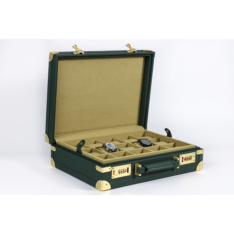 Luxury Watch Storage - OEM ODM 高級15スロットグリーンPUレザー腕時計ディスプレイ収納ボックス イタリアンスタイルデザイン カスタムステンレススチール 木製MDF腕時計