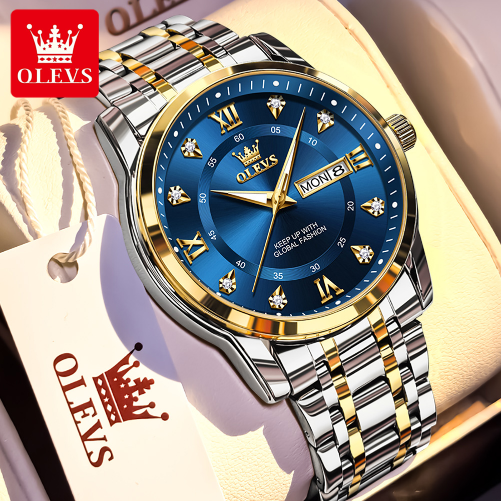 Luxury Quartz Watch Brands - OLEVS ブランドファッションメンズ腕時計ステンレス鋼防水クォーツ腕時計発光オリジナル腕時計男性用デュアルカレンダー