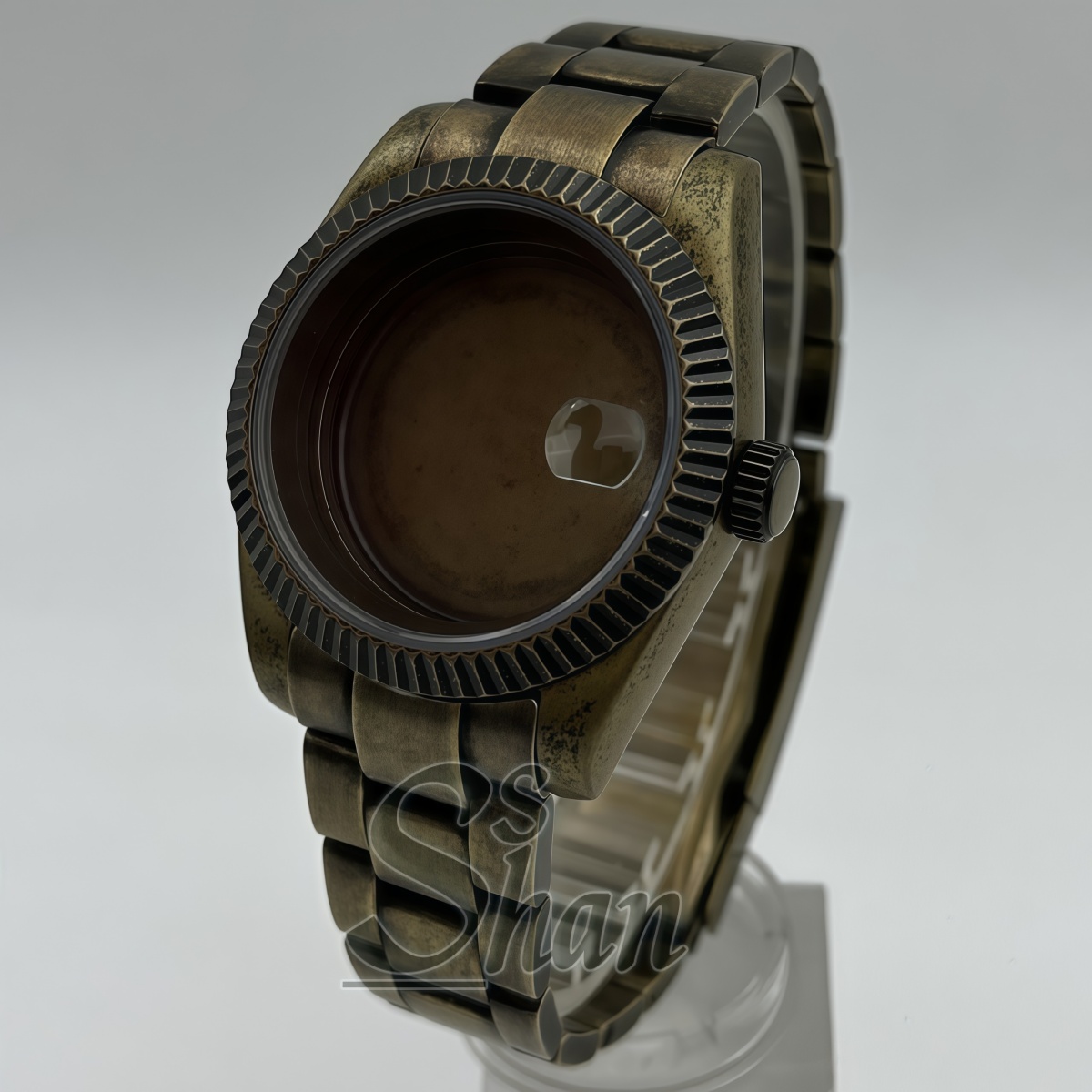 Bronze Case Watch - 39MM ブロンズトーン グルーブ加工 ウォッチケースキット サファイアクリスタル スチールブレスレット＆レザーストラップ