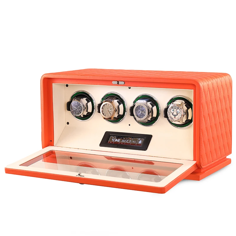 Luxury Watch Winder Box - 高級レザー製ウォッチワインダー、自動巻き時計用、雰囲気照明付き、ブラックブラウンPUレザー、ジュエリーオーガナイザーボックス