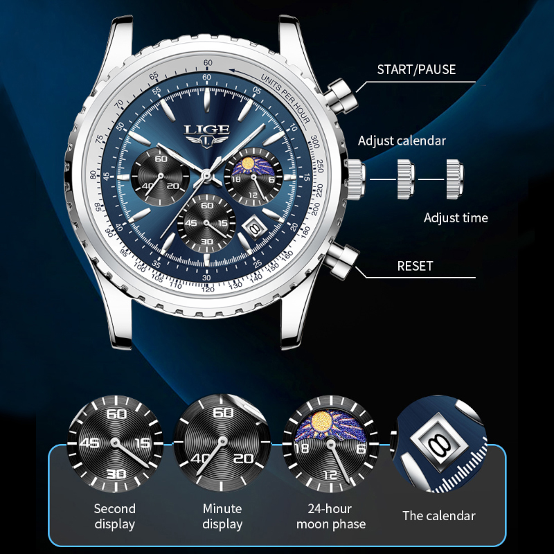 Lige-メンズラグジュアリークォーツ時計、月のフェーズ、ス - Luxury Watch Name のレビューと価格