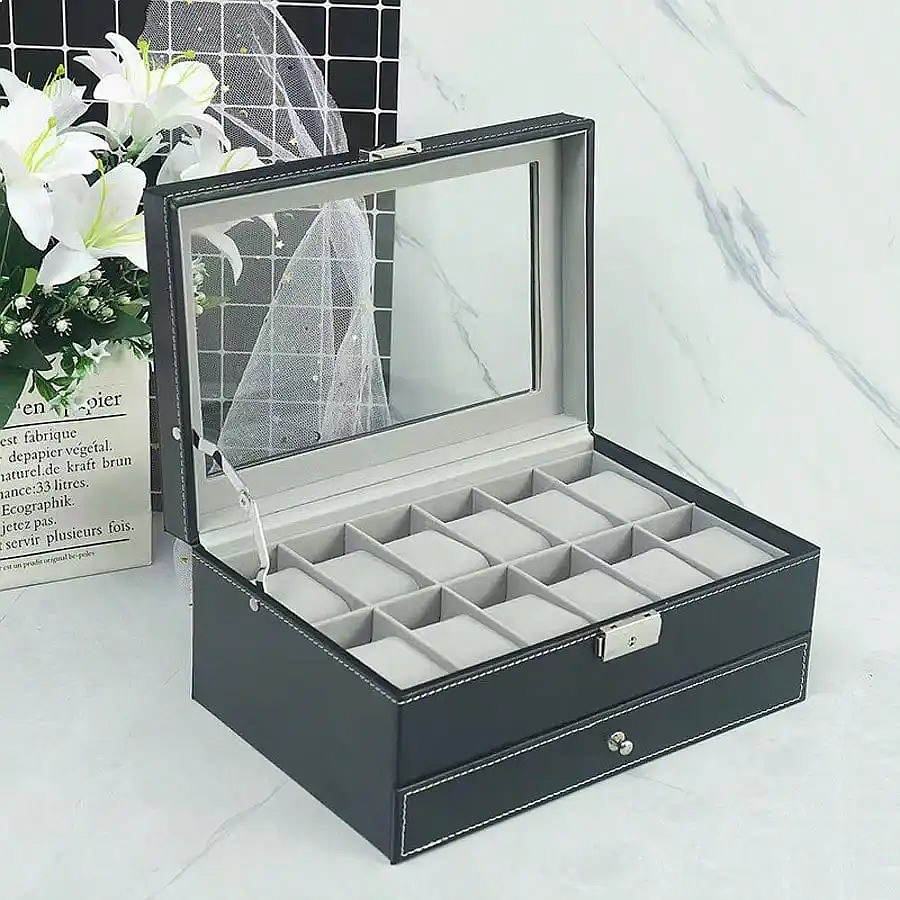 引き出し付きの12個収納可能な腕時計ボックス。高級感のあるレ - Luxury Watch Storage のレビューと価格